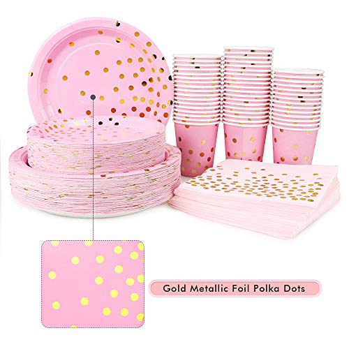 Pink and Gold Party Supplies - 200PCS Disposable Pink Paper Plates Dinnerware Set Gold Dots 50 Dinner Plates 50 Dessert Plates 50 9oz Cups 50 Napkins Wedding Birthday Party Baby Shower Christmas - Thumbnail 2