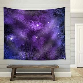 Low Angle View of Colorful Nebula on Starry Night Sky in Forest, View Through Trees, Background - Fabric Wall Tapestry Home Decor - 51x60 inches