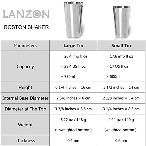 LANZON Boston Cocktail-Shaker: 2-teiliger Edelstahl Boston-Shaker Set, 500ml + 750ml Cocktailshaker Barset für alle Professionelle Barkeeper und Zuhause Cocktail Liebhaber – Bild 3