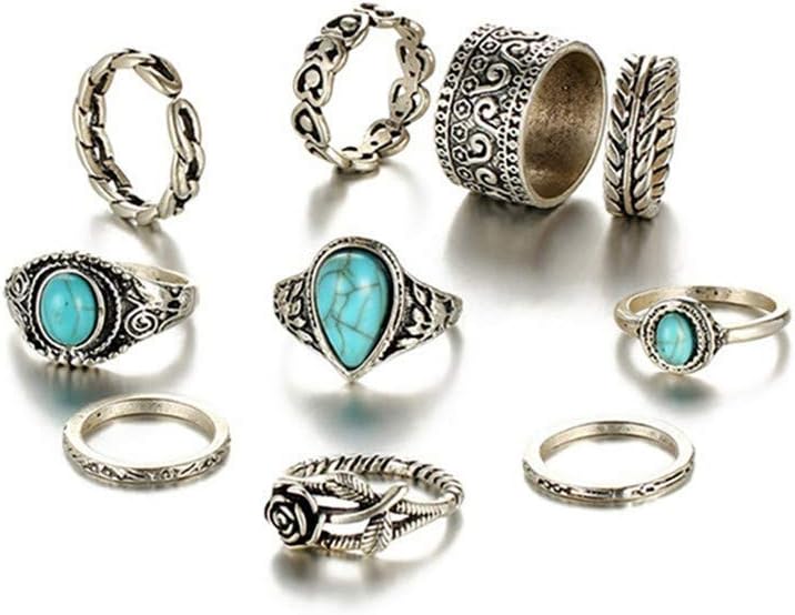 Flybloom Women Girls 10pcs Knuckle Rings Set Vintage Totem Flower Turquoise Joint Ring Set Bobo Exaggeration Nail Midi Ring Set