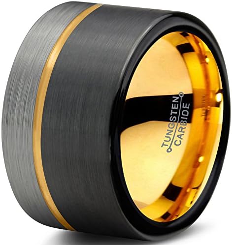Midnight Rose Collection Tungsten Wedding Band Ring 12mm for Men Women 18k Rose Yellow Gold Plated Flat Cut Off Set Line Black Grey Half Brushed Polished