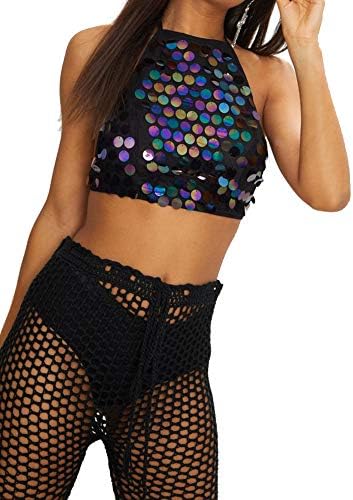 Flyrose Women Shiny Sequin Crop Top Backless See Through Mesh Rave Bandeau Vest Bra