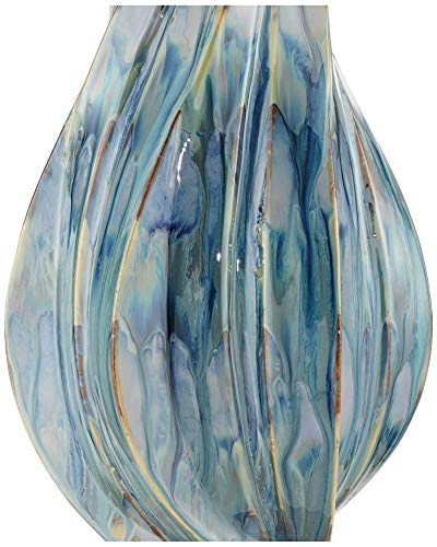 Teresa Modern Table Lamp Ceramic Hand Painted Teal Drip Beige Fabric Drum Shade for Living Room Family Bedroom Office…