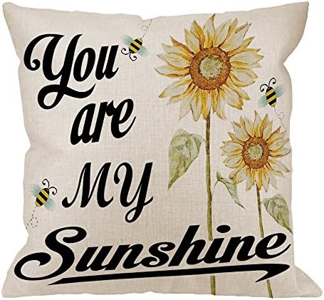 UTF4C You Are My Sunshine Pillow Case, Quote with Bees and Yellow Sunflowers Cotton Linen Cushion Cover Square Standard Home Decorative for Men/Women/Kids 18x18 inch White Black Yellow