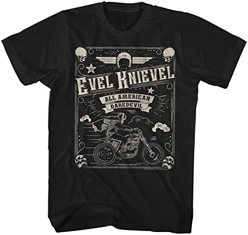 Evel Knievel - Mens Skulld Border T-Shirt, Size: Large, Color: Black
