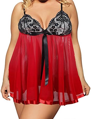 IWISHME Women Plus Size Sequin Sexy Babydoll Lingeries (3XL=US Size 2XL, Black&amp;Red)