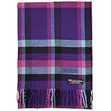 100% Cashmere Scarf Made in Scotland Wool Buffalo Tartan Windowpane Check Plaid (Hot Pink Blue Purple Black)