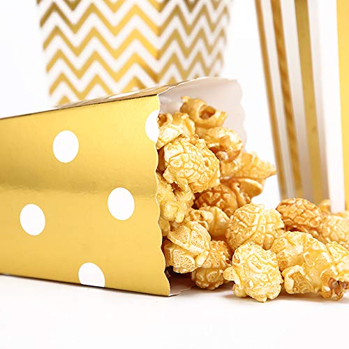 CLAIREBOX Popcorn Boxes Gold Stamping Trio Polka Dot, Chevron, and Striped Assorted Designs - Movie Theater Night, Festivals, Wedding Favors (30 Boxes) (Gold)