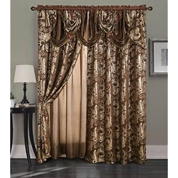 Golden Rugs Jacquard Luxury Curtain Window Panel Set Curtain with Attached Valance and Backing Bedroom Living Room Dining 55