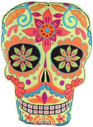 Neon Yellow Day of the Dead Embroidered Skull Pillow 10 x 14" by Karma Living