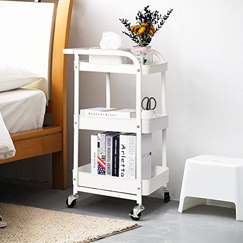 YOHOM 3 Tier Metal Rolling Cart Storage Shelves Mesh Utility Trolley Cart with Wheels Handle Craft Art Carts Organizer for Bathroom Kitchen Office Laundry Classroom White