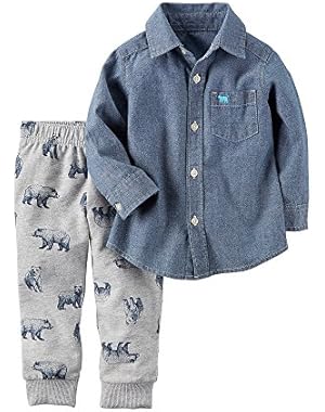 Baby Boys' 2-Piece Botton-Front Shirt and French Terry Joggers Set