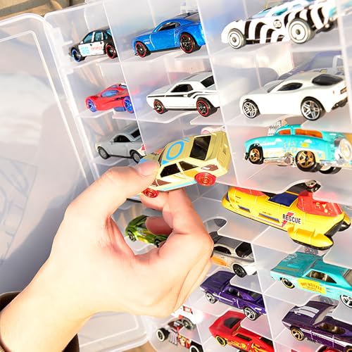 Portable Transparent Double Sided Storage Case - 48 Compartments for Toy Cars, Matchbox Cars, 1:64 Scale Model Cars, with Handle (Case Only)