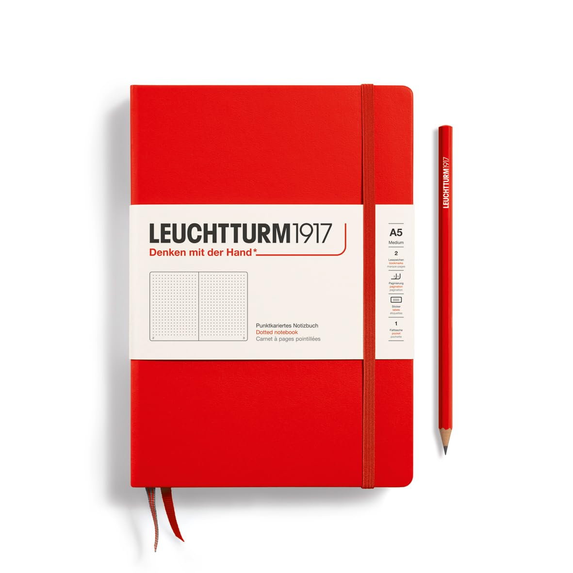 LEUCHTTURM1917 (313627) Notebook Medium (A5), Hardcover, 251 Numbered Pages, Dotted, red