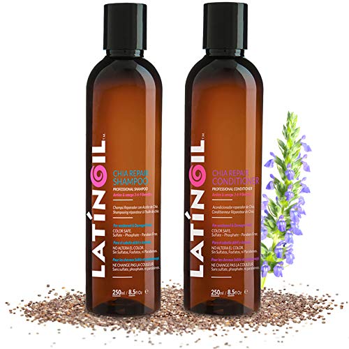 Chia Seeds Hair Repair Shampoo And Conditioner Sulfate & Paraben Free - Very Rich Natural Treatment Product, Thicken the Hair, Safe for Color Treated, Curly, Textured Hair, 8 Oz (LATINOIL)