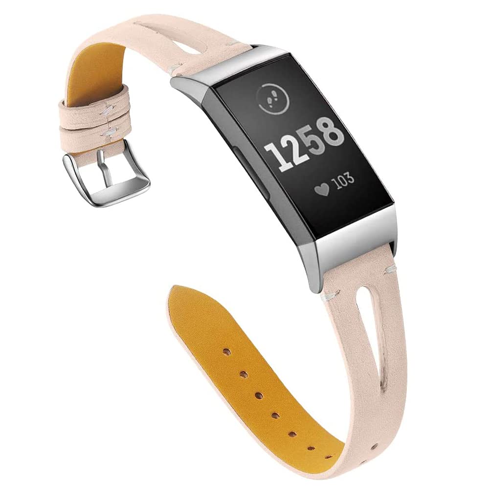 AISPORTS Compatible for Fitbit Charge 4/Charge 3 Strap Leather for Women, Soft Slim Hollow Breathable Leather Sport Wristband Metal Buckle Bracelet Replacement Band for Fitbit Charge 4/3
