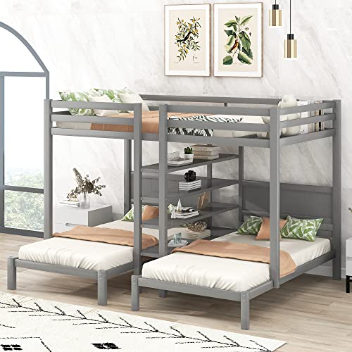 Triple Bunk Bed for 3, Full XL Over Twin&Twin Bunk Bed with Builtin