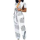 Xinlees Women‘s Elegant Jumpsuits Casual Short Sleeve Fashion Print Long Pants Rompers Straight Club Outfits