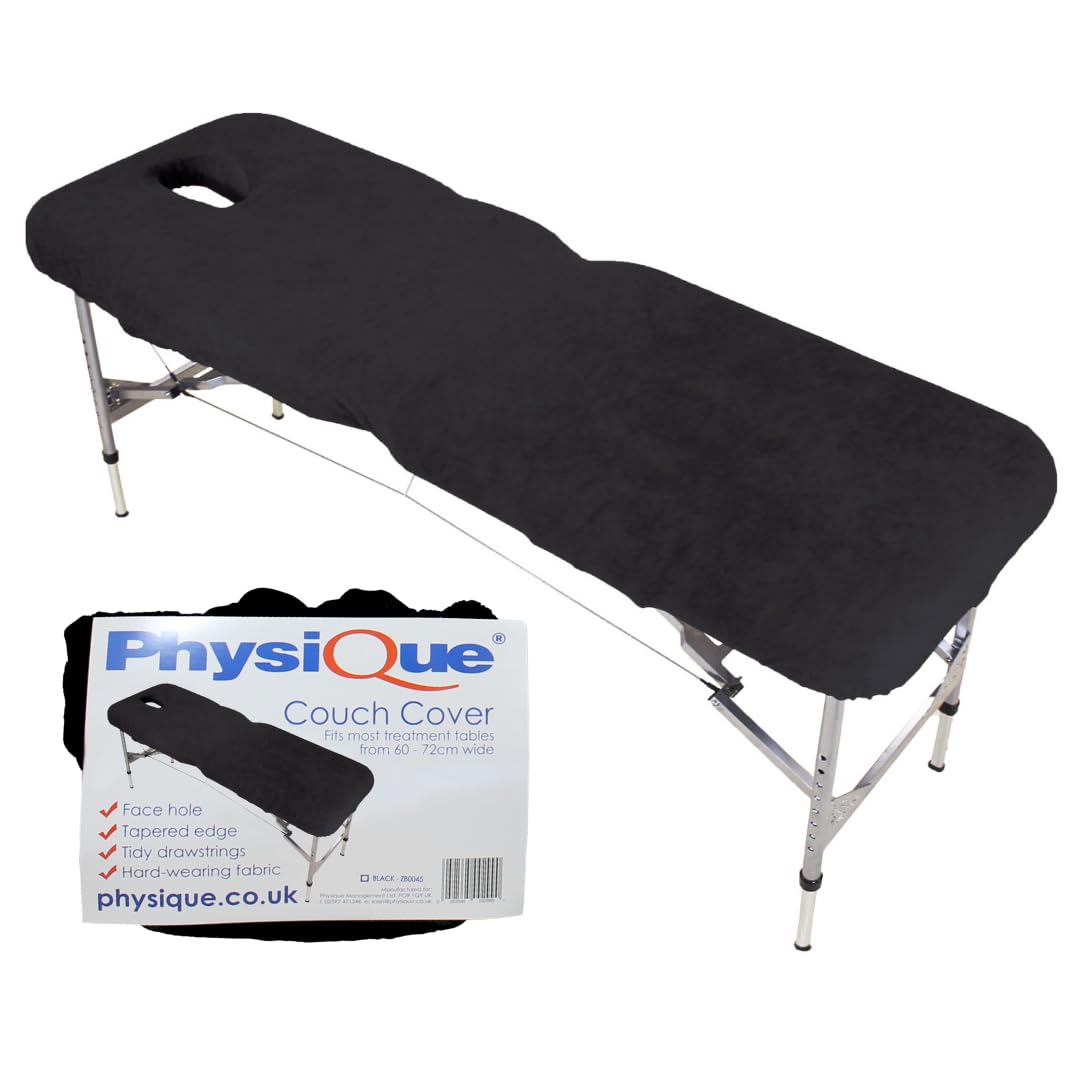 PHYSIQUE Premium Massage Table Couch Cover with Face Hole and Ties – Thick Comfortable Protective Fitted Terry-Towel Bed Sheet for Spa, Salon & Therapy Tables, Washable Fabric, Black