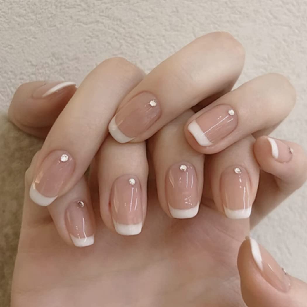 Sethexy Short Square Fake Nails French Ballerina Rhinestone False Nails Glossy Stick on Nails 24Pcs Acrylic Pink Press on Nail Tips — image 1