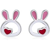 SLUYNZ 925 Sterling Silver Small Pink Rabbit Earrings Studs for Women Teens Easter Rabbit Bunny Stud Earrings