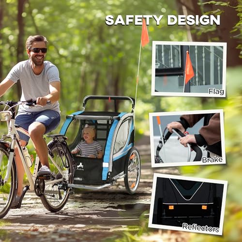 Aosom 2 Seat Bike Trailer for Kids 2-in-1 Double Baby Stroller with Handbrake, Rubber Wheels, 5 Point Harness, Waterproof Cover, Storage Bag, Reflectors