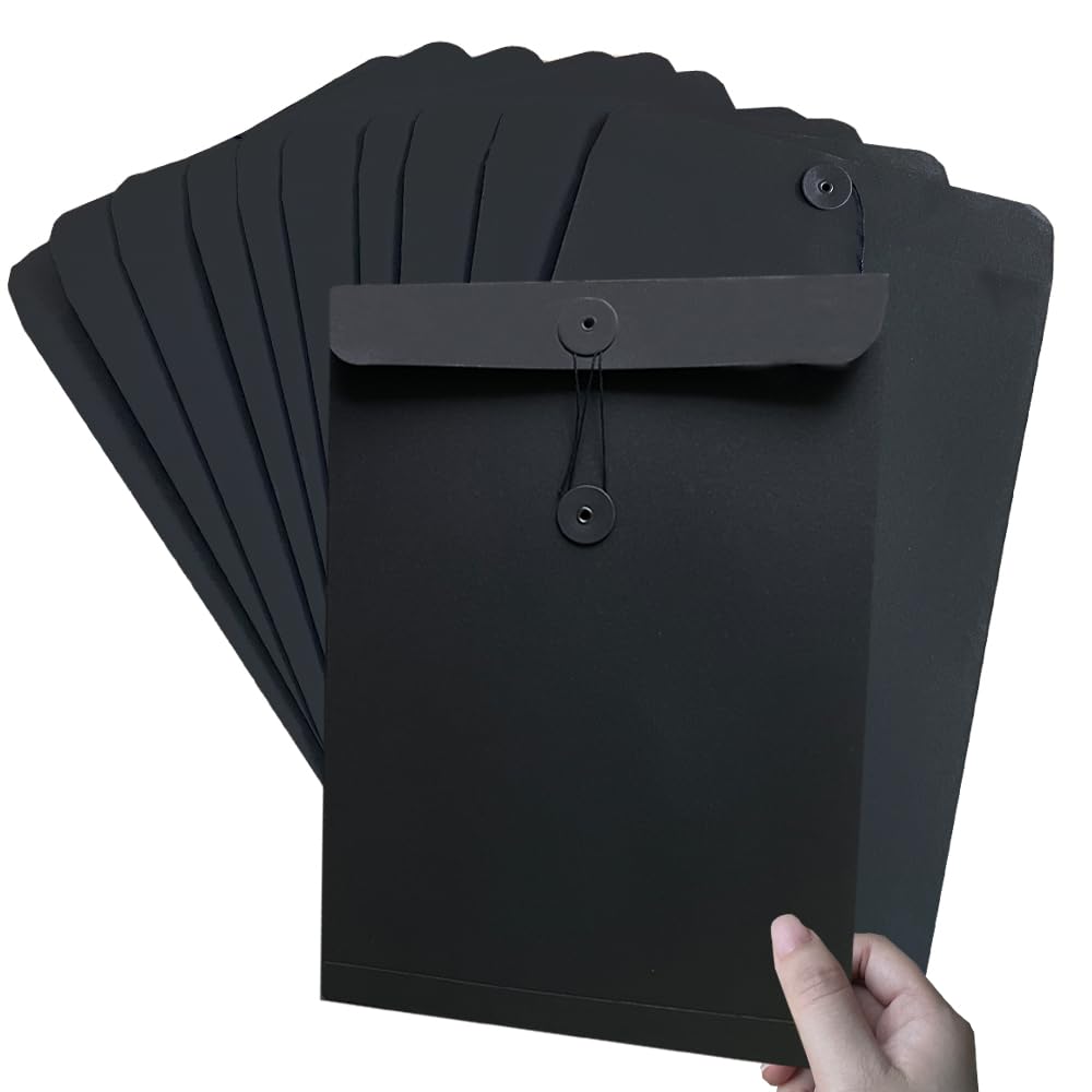 10Pcs A4 Kraft Paper File Folder Black Filing Envelope Folder Project Document Folder with String Closure Presentation Holder Letter Organizer Bag Pouch Project Report Pocket Paperwork Organizer