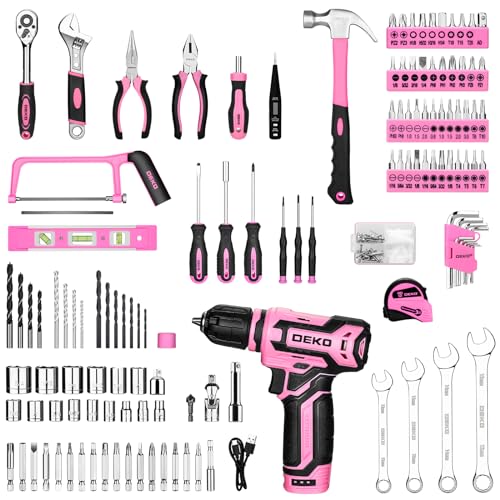 Pink Tool Kit Box Drill Set: DEKO 238 Pieces Home Mechanic Toolbox with 12V Power Cordless Drill Hand Repair Tools Sets Combo Kits Storage Organizer Drawer Case for Women