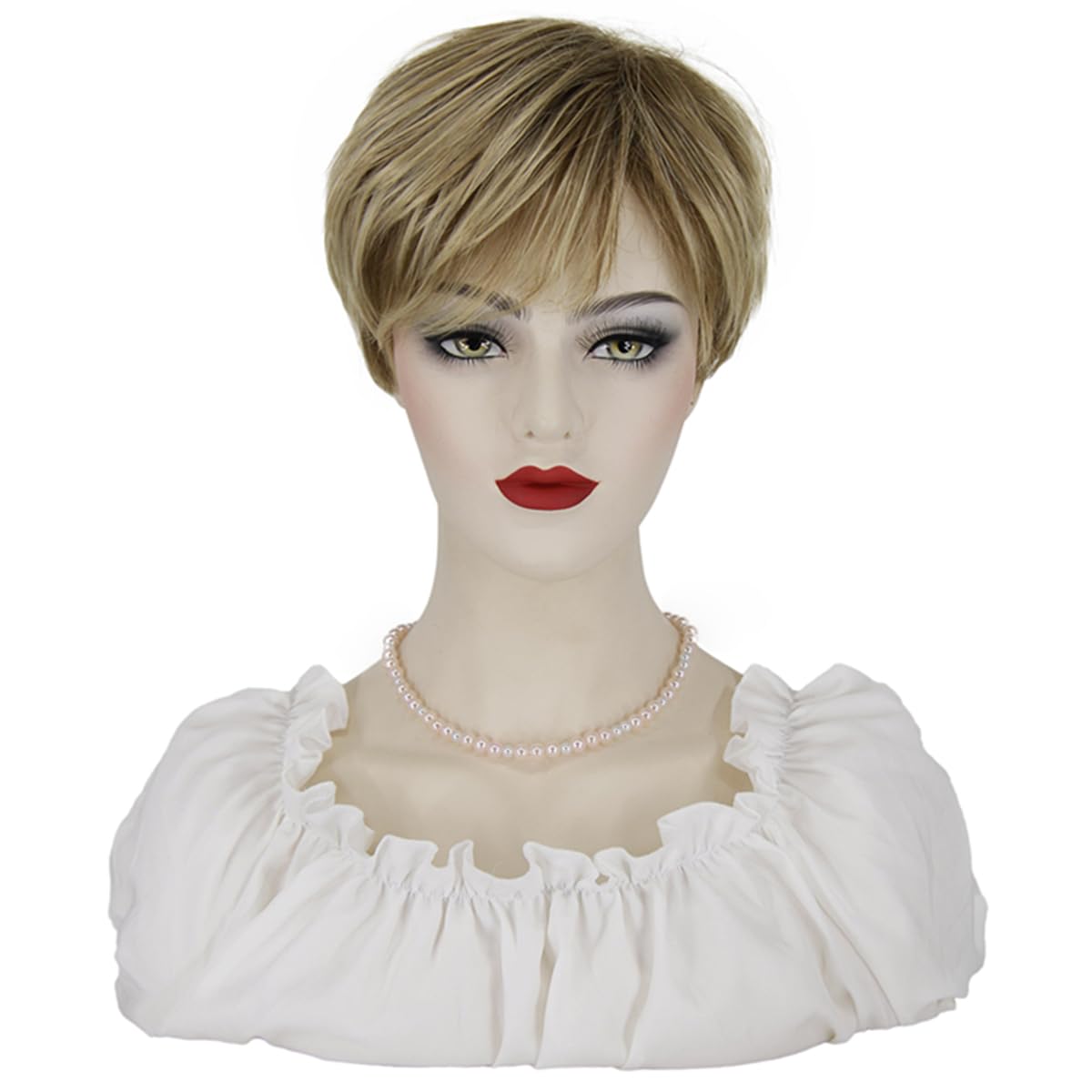 Photo 1 of KEAT Short Blonde Wigs for White Women Curly Hair Wig with Bangs Pixie Cut Lady Costume Wig Heat Resistant Synthetic Wigs Cosplay Daily Party Wig with Wig Cap K028