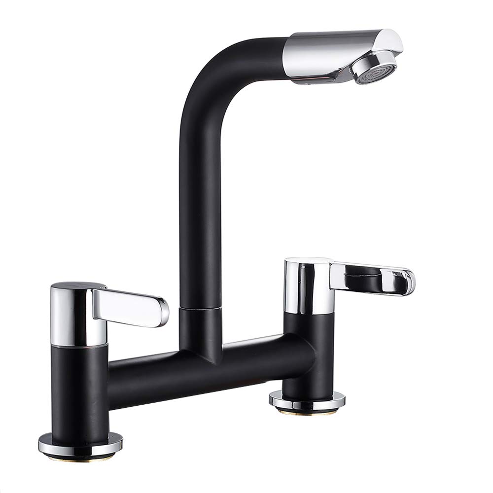 Ghopy Dual Lever Kitchen taps Mixers 2 Hole Deck Mounted Cold and Hot Mixer Tap Modern 360° Swivel Spout Brass Basin Black Faucet with UK Standard Fittings (Black)