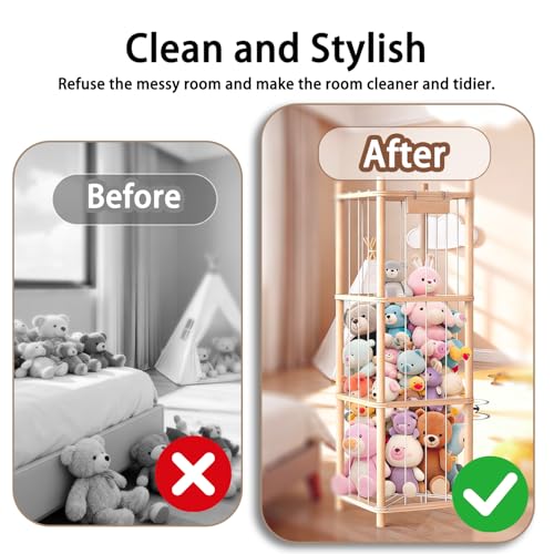 Stuffed Animal Organizer with Elastic Band, Zoo Plush Toy Storage Holder for Nursery, Toddler Room, Playroom, Bedroom, Wooden 40 * 40 * 136Cm