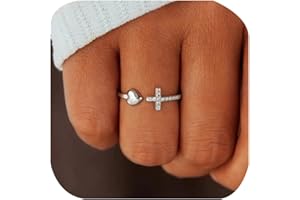 ZDIFDIC Cross Rings for Teen Girls Silver/Gold Heart Ring Cubic Zirconia Adjustable Ring Inspirational Pray Cross Heart Religious Christian Faith Jewelry Gifts for Her(Silver)8#