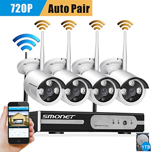 Smonet 4CH 720P HD NVR Wireless Security CCTV Surveillance Systems(WIFI NVR Kits)-Four 1.0MP Wireless WIFI Indoor Outdoor IP Cameras,P2P,65FT Night Vision, 1TB HDD Pre-installed