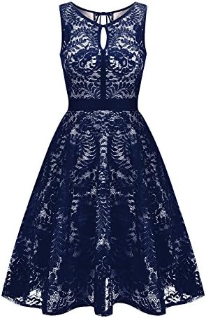 Uniboutique Women's Floral Lace Sleeveless Elastic Waist Pleated Swing Party Dress