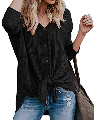Womens Waffle Knit Tunic Blouse Front Tie Knot Henley Tops Button Down Knitting Cardigan Batwing Plain Shirts Black M - Thumbnail 2
