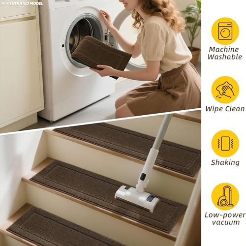 Non-Slip Stair Treads for Wooden Steps Indoor, 15 Pack 8" X 30" Edging Stair Rugs with TPE Backing,0.45" Thick Carpet Stair Treads for Kids Elders & Pets, 100% Polyester Soft Stair Runners, Brown