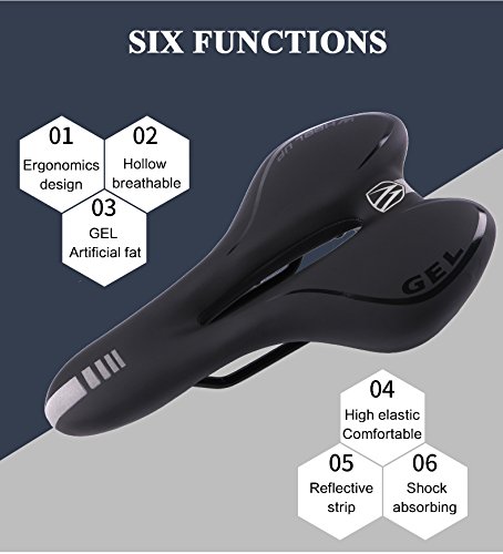 JUHALL Universal Bequem Fahhrad Sattel, Wasserdicht Gel Fahrradsattel mit Atmungsaktiv Design Leder Fahrradsitz Mountain Bike Sitzkisse Damen Herren Schwarz.