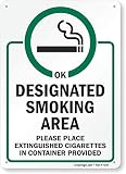 Designated Smoking Area Sign, Place Extinguished Cigarettes in Container Provided, 14x10 Rust Free .40 Aluminum, Easy to Mount Weather Resistant, Made in USA by SmartSign