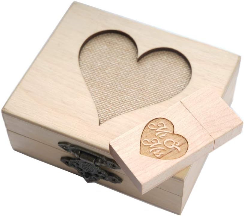 1-32GB USB 3.0 Wooden Birch Drive - Mr Mrs Engraved Drive - Packaged in Hand Made Birch Wedding Box with Mesh Heart