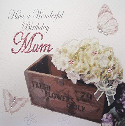white cotton cards "Pink Peonies & Butterflies, Have A Wonderful Mum Handmade Birthday Card (bd175-m)
