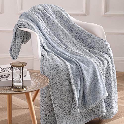 KAWAHOME Knit Summer Thin Blanket Breathable Lightweight Fuzzy Heather Jersey Blankets All Season for Couch Sofa Bed Queen Size 90 X 90 Inches Blue and White