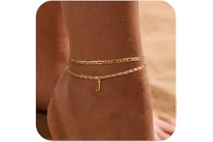 VIROMY Initial A-Z Gold Ankle Bracelets for Women 14K Gold Plated Dainty Waterproof Layered Figaro Dot Link Chain Ankle Brace
