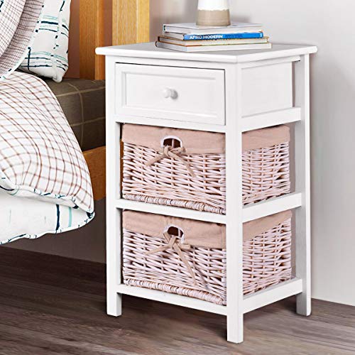image for Giantex Wooden Nightstand 3 Tiers W/ 2 Baskets and 1 Drawer Bedside So