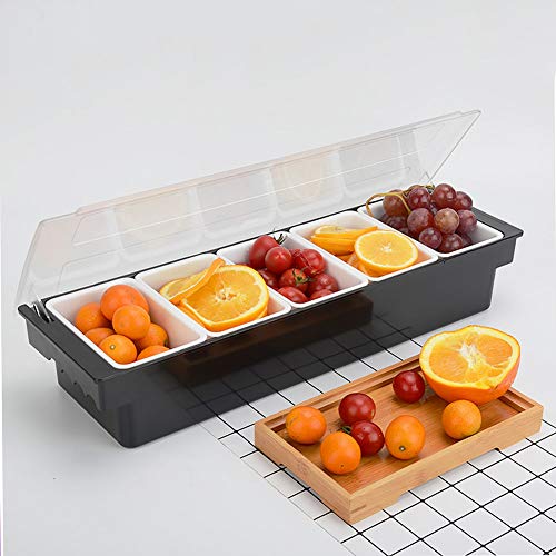 SHANGPEIXUAN Condiment Caddy with Lid Dispenser Tray Bar Fruit Caddy 5 Tray Plastic Garnish Station Great for Restaurant Buffets Bars Picnics Refrigerator Barbecue Catering(Condiment Dispenser 5 Tray)