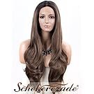 Brown Ombre Lace Front Wig, Long Wavy Synthetic Wig with Dark Roots Scheherezade Brown Wigs for Women Half Hand Tied