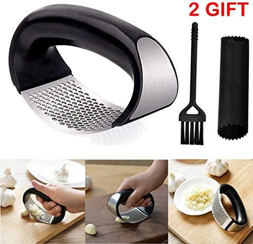 Genleas Stainless Steel Garlic Cutter Garlic Press with Garlic Peeler and Brush Household Manual Press Squeeze Garlic Ginger Crusher Press Cooking Gadgets Tools Kitchen Accessories