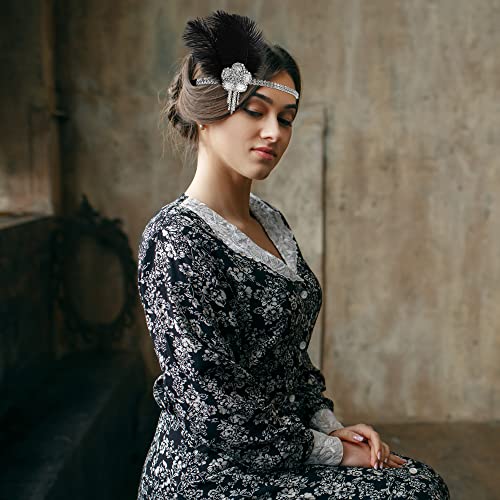 bdzyh Rhinestone Feather Flapper Headband for Women, Retro Black 1920s Hair Band, Great Gatsby Inspired Sparkle Costume Accessories