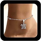 Erimberate Bohemian Turtle Ankle Bracelet Silver Hollow Turtles Ankle Bracelet Station Bead Chain Anklet Metal Sea Turtle Foot Chain Anklet Summer Beach Foot Chain Jewelry for Women