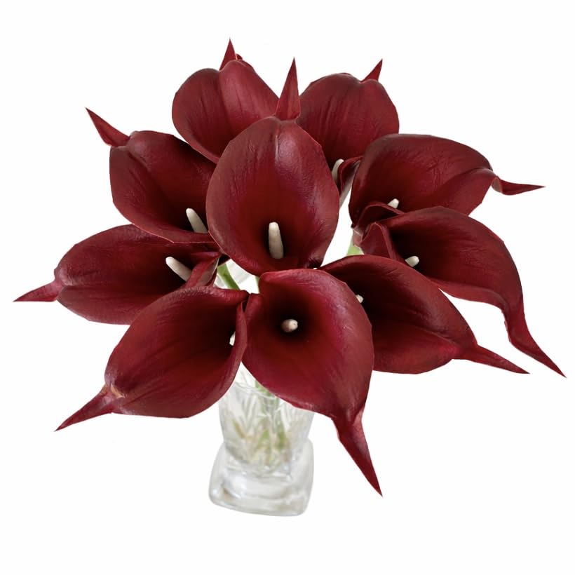 Floral Kingdom Artificial Calla Lily Flowers 10 Pack Burgundy 14 Inch Real Touch Faux Flowers - Home Decor, Table Centerpieces, Wedding Bouquet, Fall Arrangements