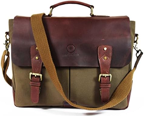 Handmade Leather Canvas Vintage Crossbody Messenger Bag, Gift Men Women ,Green, By Aaron Leather, 14.5 x 11 x 4 Inches (Seaweed Green)